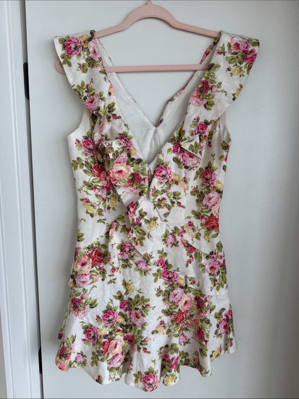 Zimmermann White Mini Dress with Pink and Green Rose Print